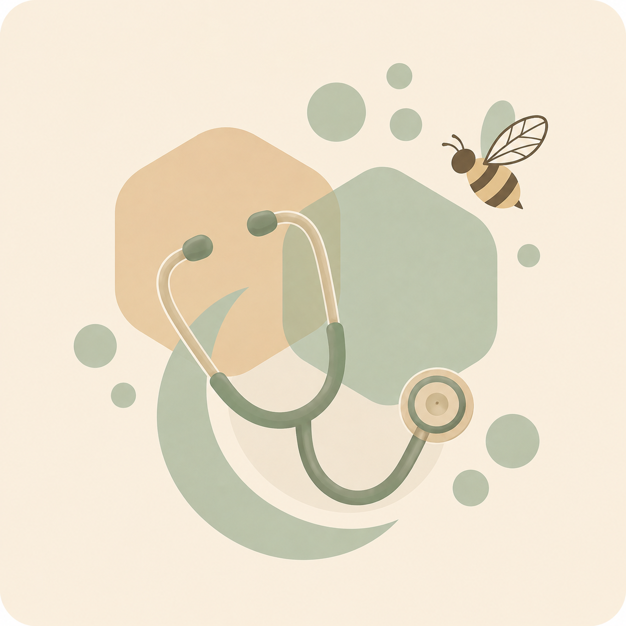 Abstract sage stethoscope over honey and sage hexagons with soft circles and a small bee