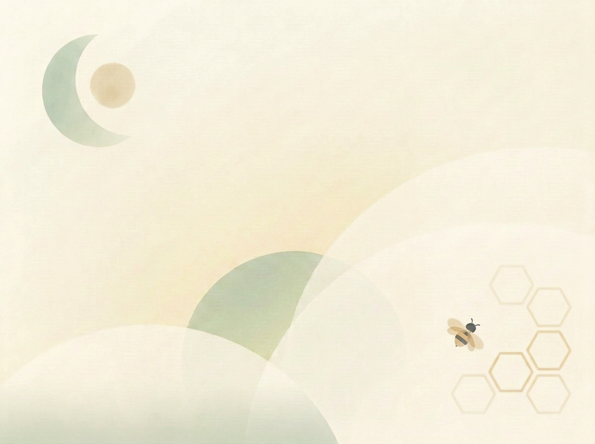 Abstract honey and cream composition with faint honeycomb hexagons and a small bee
